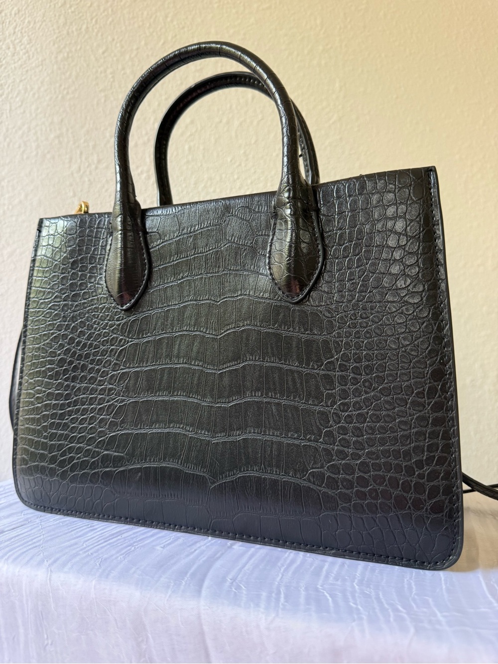 H&M Black Croc-Embossed Satchel with Gold Hardware